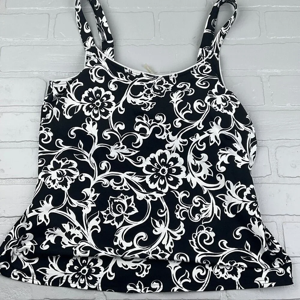 Lands End Swim Top Women 12A Black White Floral Bra Pads Wide Tankini Boho Beach